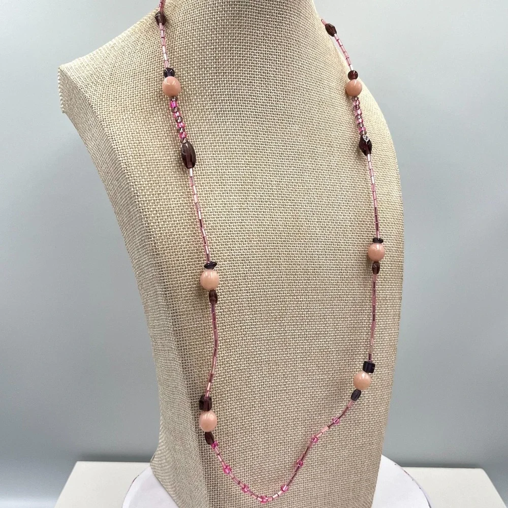 Vintage Y2K‎ Pink & Purple Beaded Long Strand Necklace Retro Boho Chic Classic